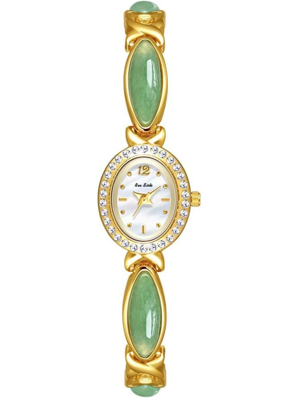 Women's Green Gold-Tone Bracelet Small Oval Face Vintage Dress Wrist Watches